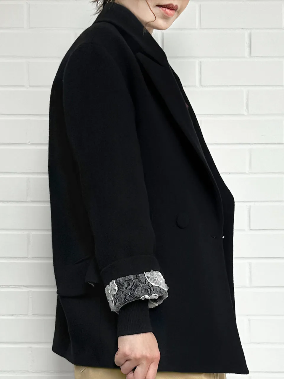 Classic Black Drop Shoulder Relaxed Fit Ruffle Trimmed Wool Blazer