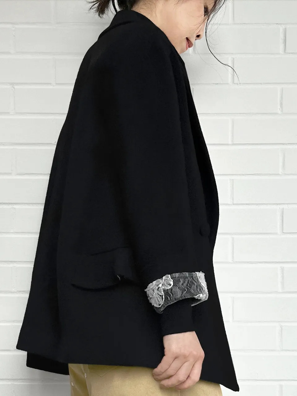 Classic Black Drop Shoulder Relaxed Fit Ruffle Trimmed Wool Blazer