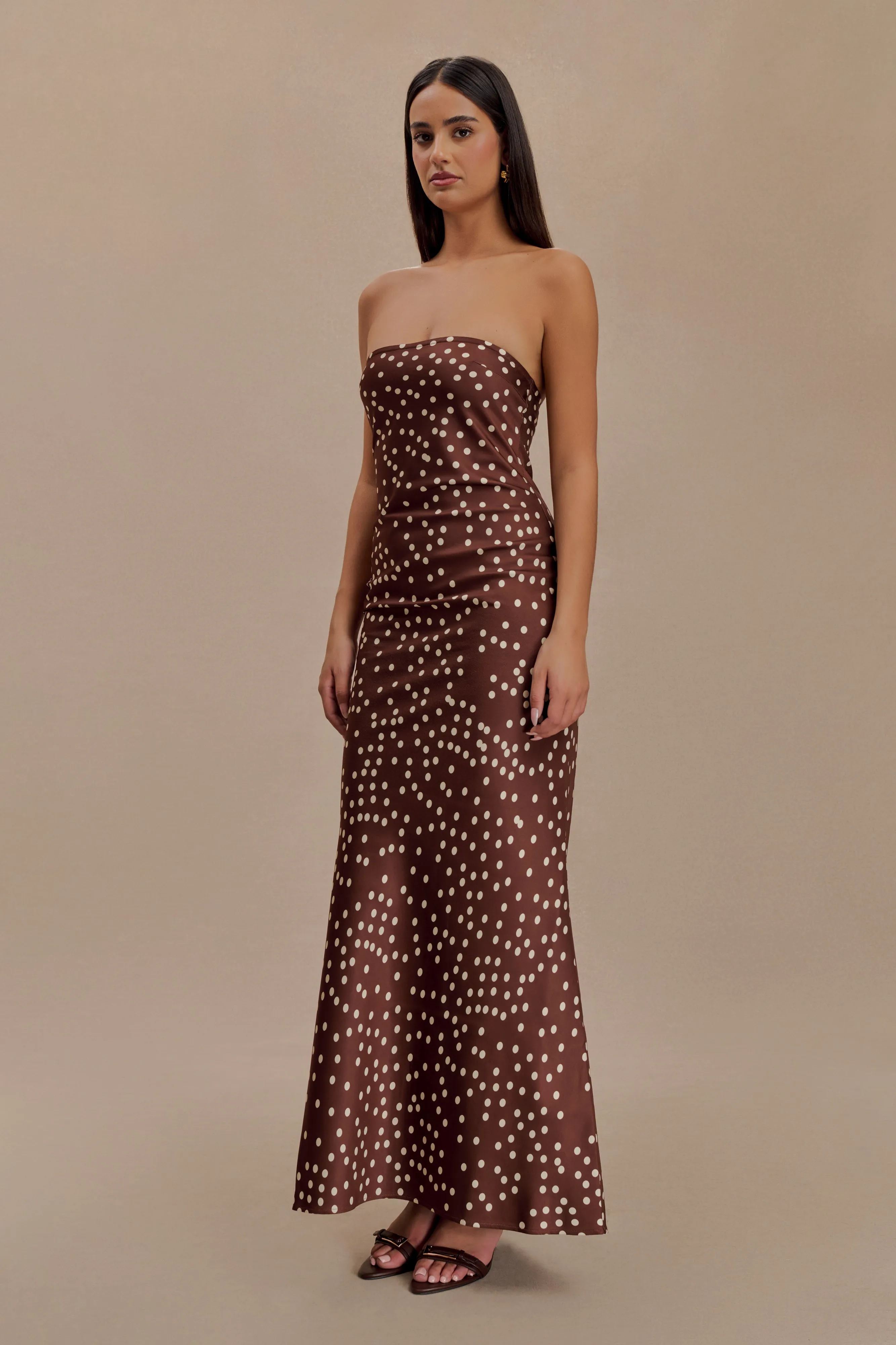 Claudette Strapless Satin Maxi Dress - Brown Polka Dot Print