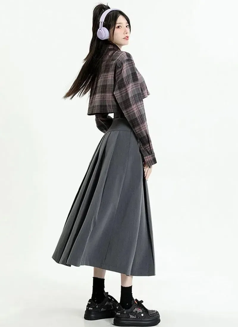 College Girl Pleated A-Line Midi Skirt