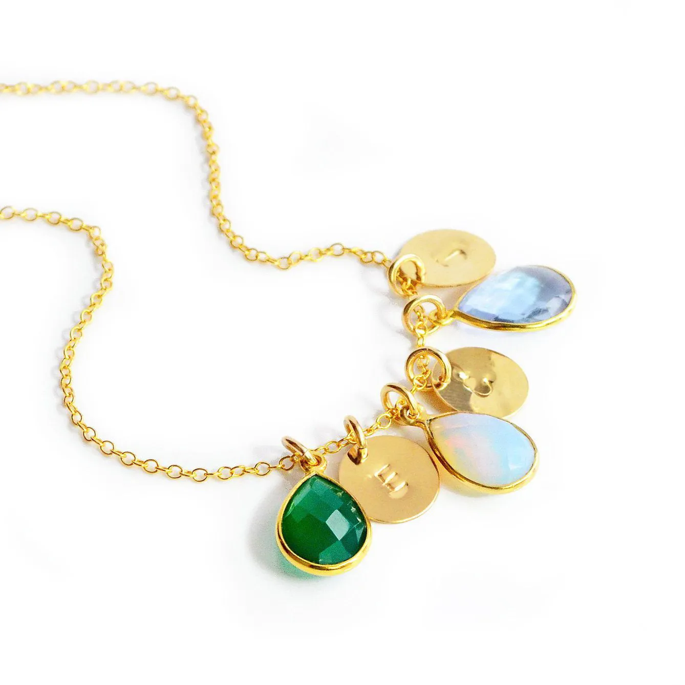 Colorful Custom Cluster Necklace with Teardrop Birthstones and Stamped Polished Disks