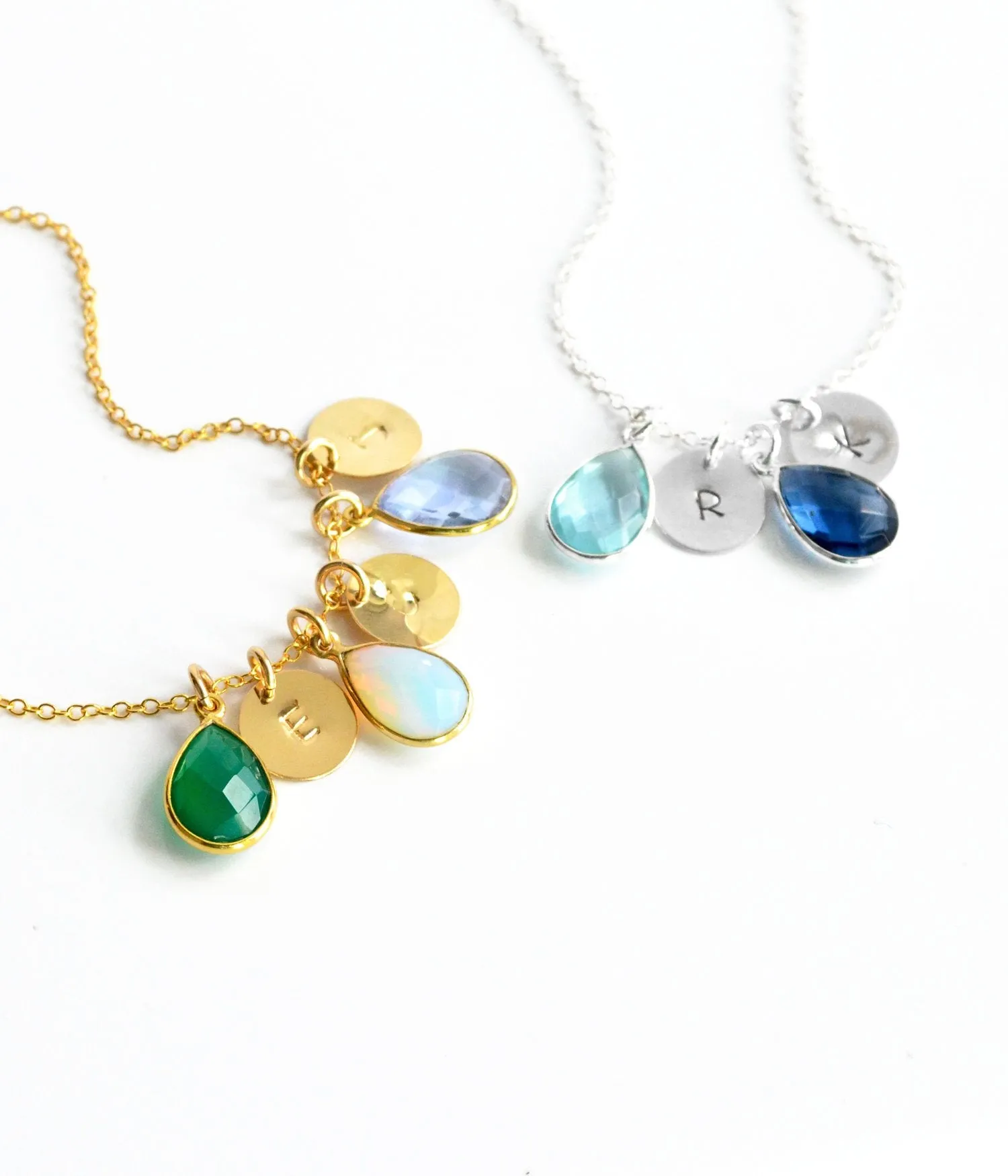 Colorful Custom Cluster Necklace with Teardrop Birthstones and Stamped Polished Disks