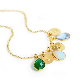 Colorful Custom Cluster Necklace with Teardrop Birthstones and Stamped Polished Disks