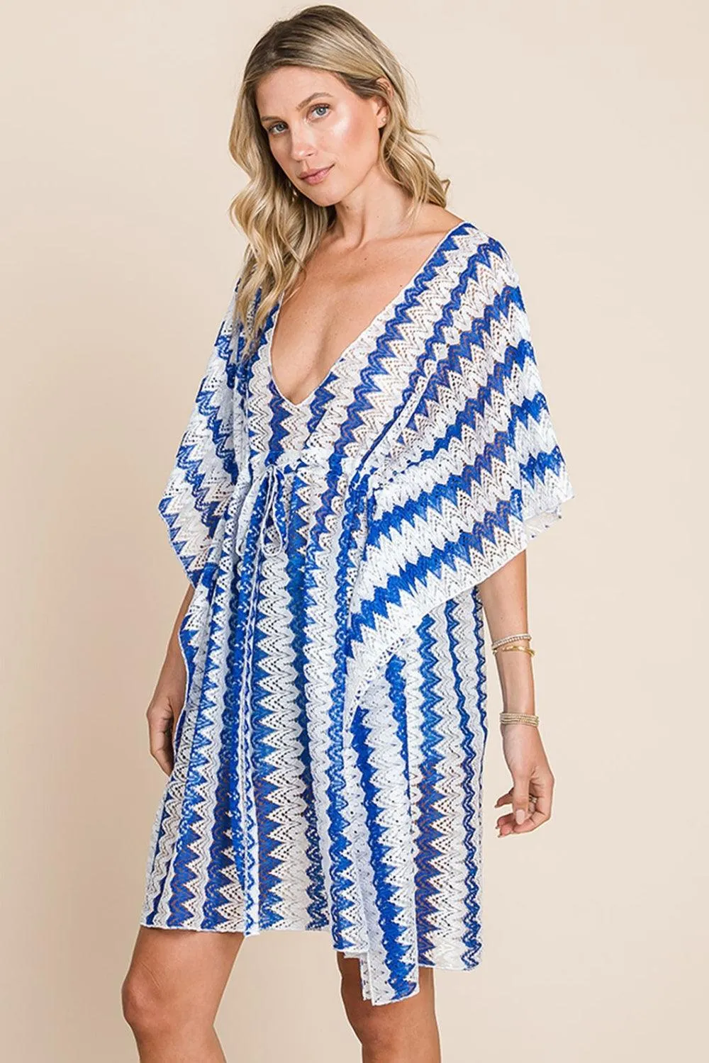 Cotton Bleu by Nu Lab Tied Striped Plunge Half Sleeve