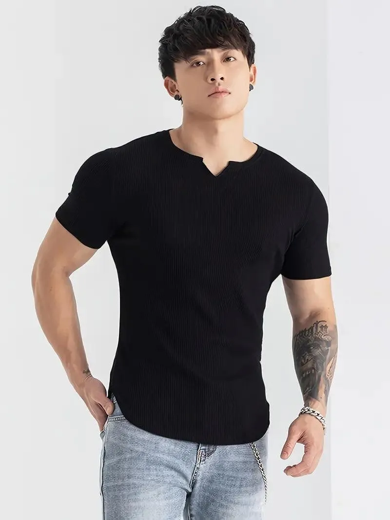 Cotton Knitted Half Sleeves T-Shirt Black