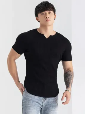 Cotton Knitted Half Sleeves T-Shirt Black