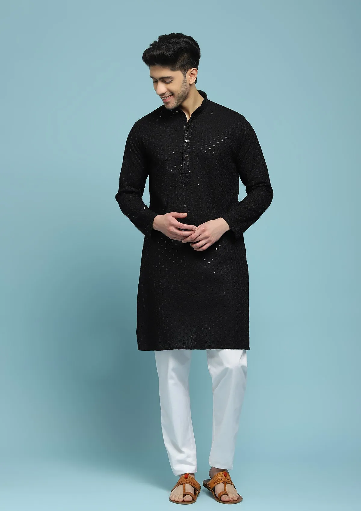 Cotton Schiffli With Sequins Solid Men's Long Kurta - Black