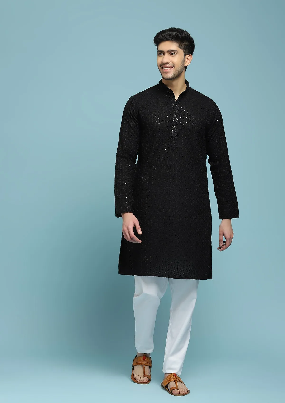 Cotton Schiffli With Sequins Solid Men's Long Kurta - Black