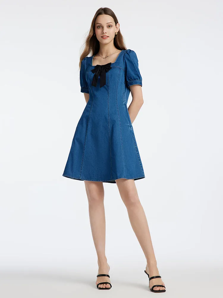 Denim Mini Dress With Removable Bowknot