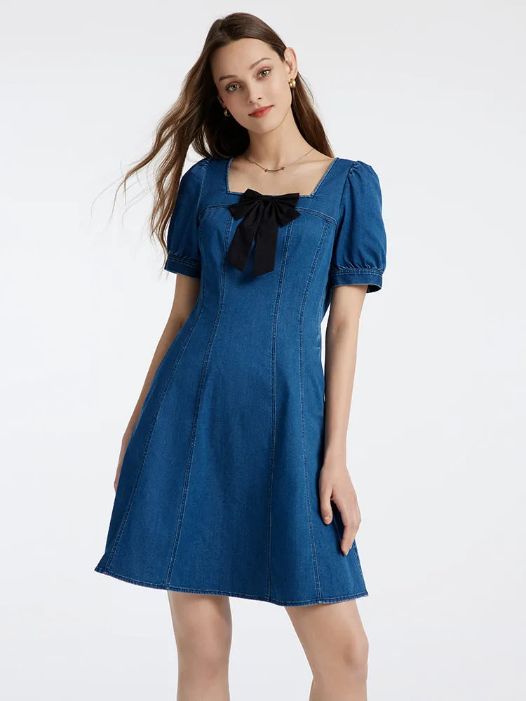 Denim Mini Dress With Removable Bowknot