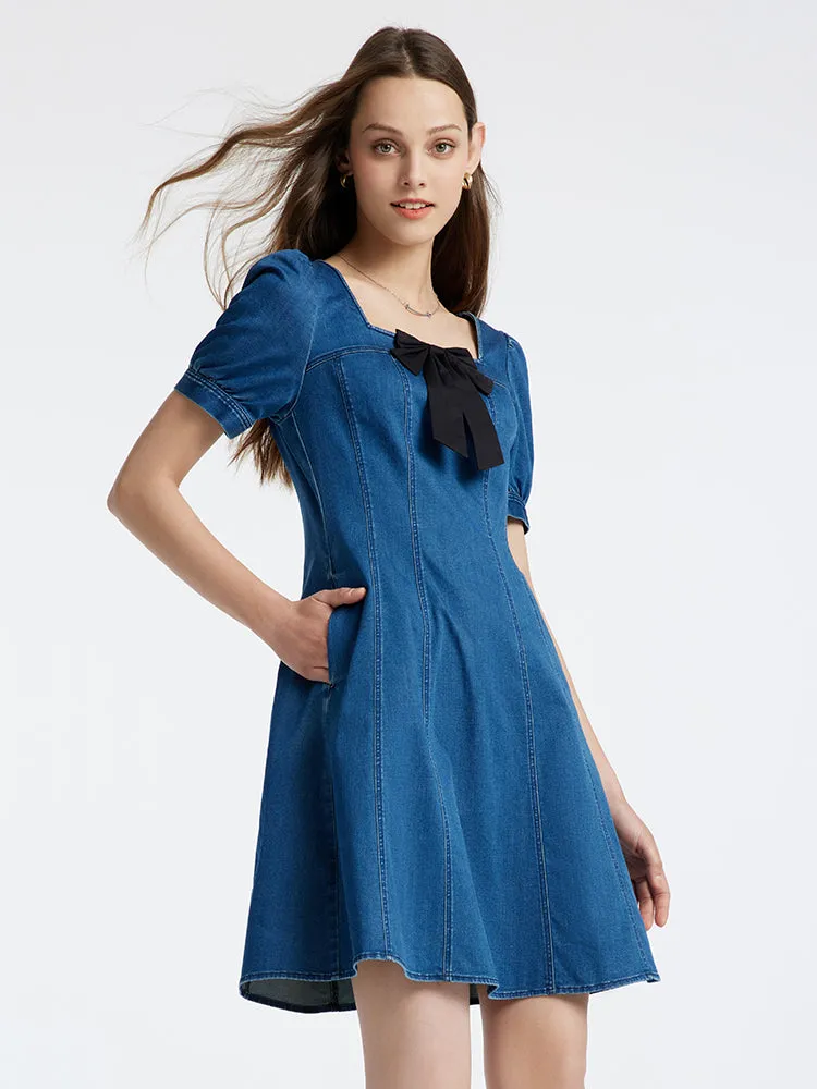 Denim Mini Dress With Removable Bowknot