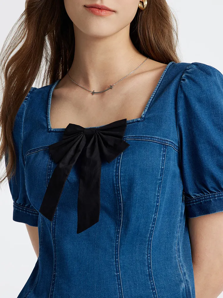 Denim Mini Dress With Removable Bowknot