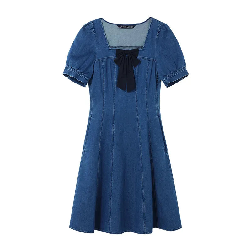 Denim Mini Dress With Removable Bowknot