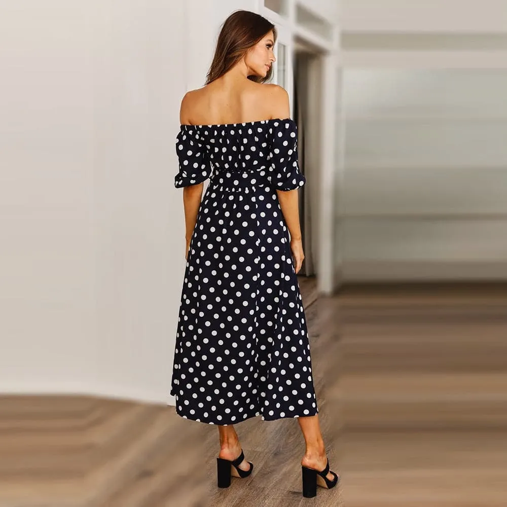 DressBetty - Summer skirt women's word collar strapless polka dot belt print dress