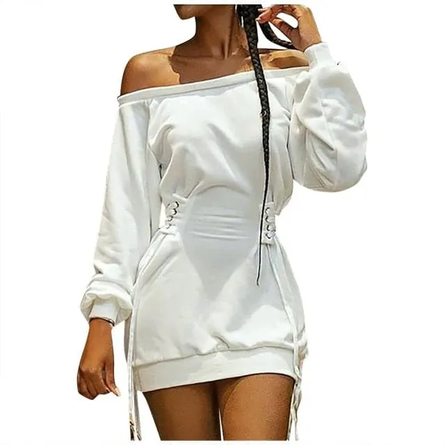 DressBetty - Women Dress Abstract Print Off Shoulder Lace-Up Eyelet Casual Dress Long Sleeve Bodycon Mini Dresses Streetwear Dress