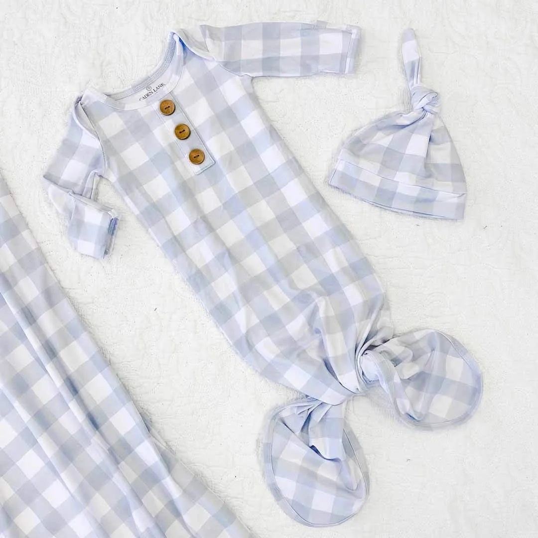 Dusty Blue Gingham Newborn Baby Knot Gown & Hat Set