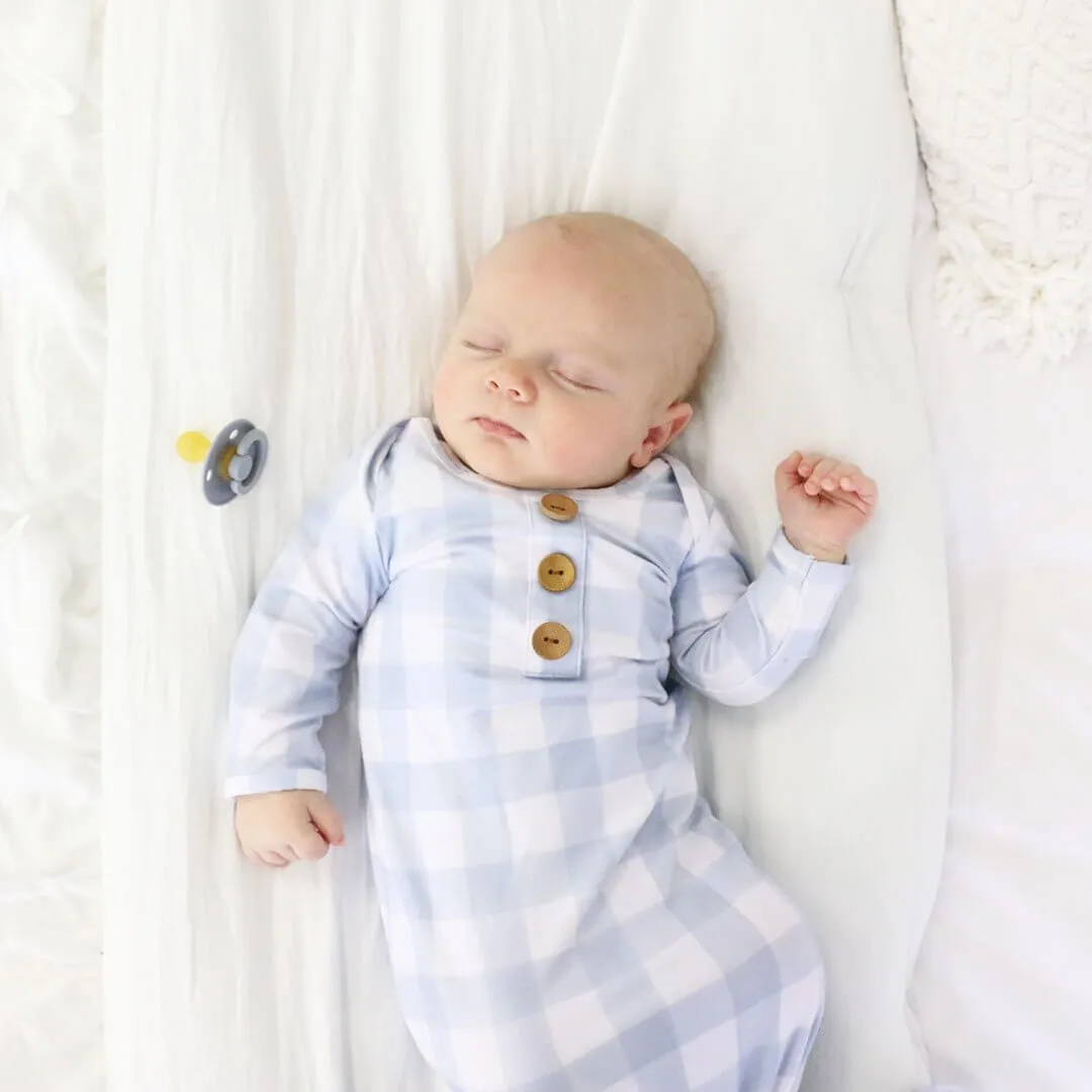 Dusty Blue Gingham Newborn Baby Knot Gown & Hat Set