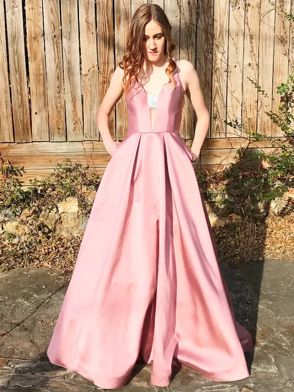 Dusty Pink Shiny Satin Bead Spaghetti Strap Rhinestone With Pockets Prom Dresses ,PD0121