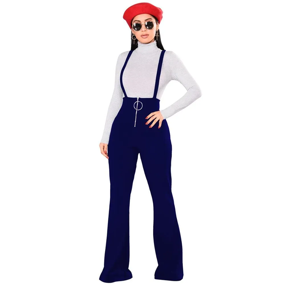 Echoine Women Trousers High Waist Large Round Buckle Pants Zipper Flared Leg Suspenders Sweatpants Female Retro Streetwear Lady