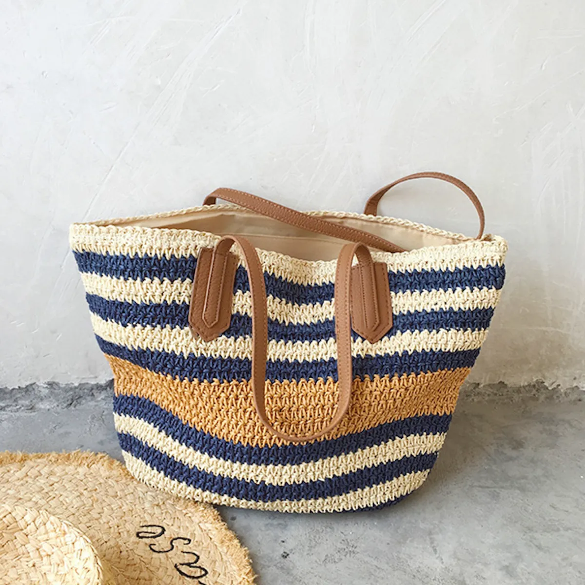 Elena Handbags Large Striped Straw Woven Tote Bag