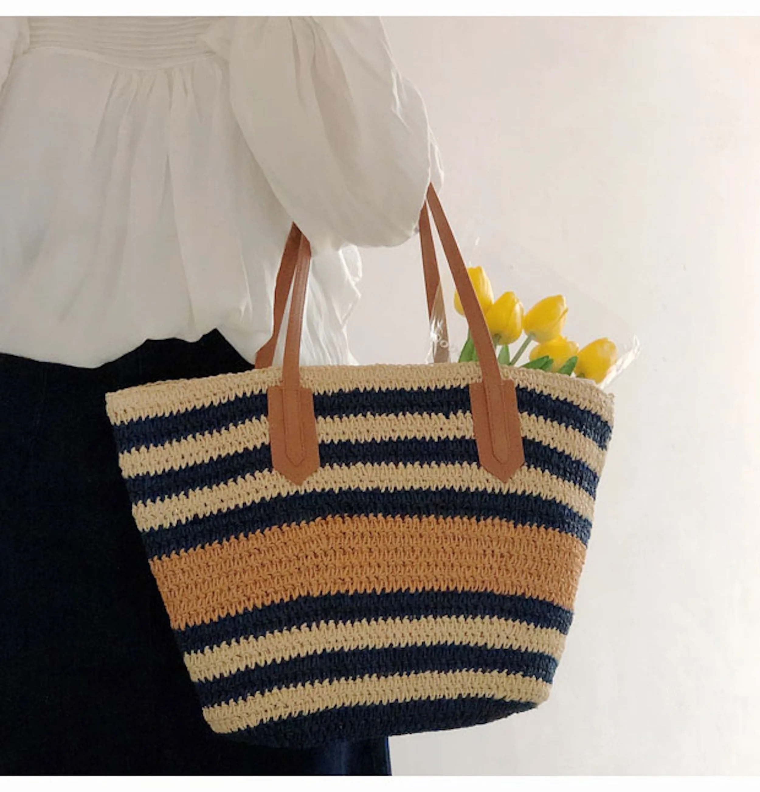 Elena Handbags Large Striped Straw Woven Tote Bag