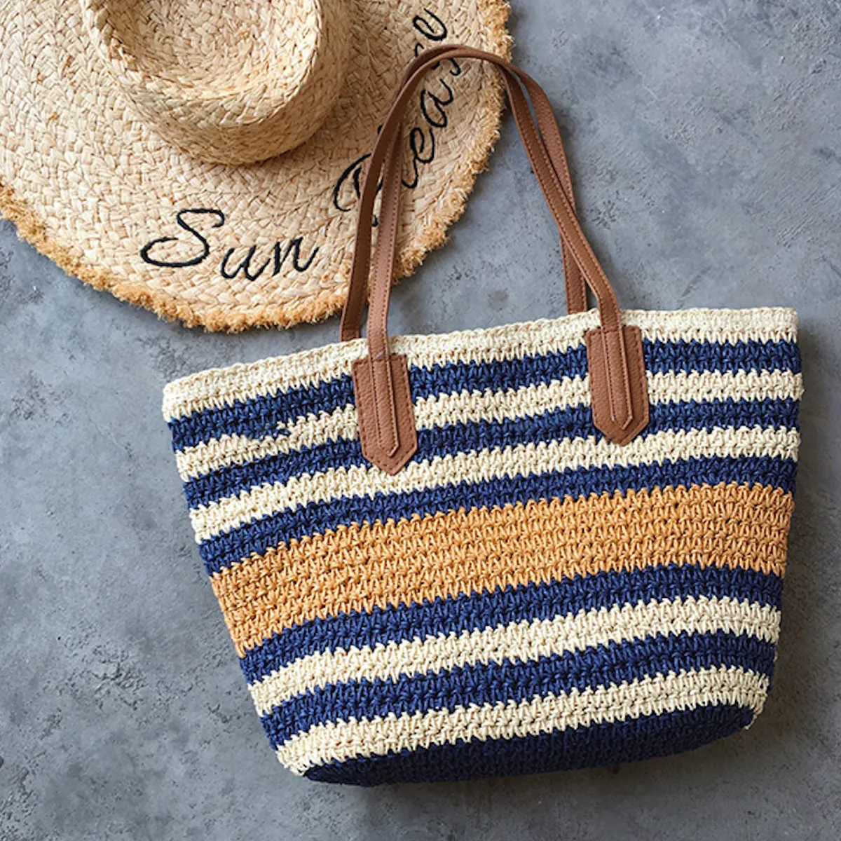 Elena Handbags Large Striped Straw Woven Tote Bag