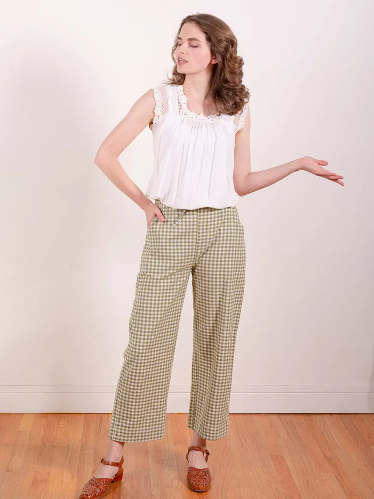 Emmy Drawstring Pant - Sage Gingham