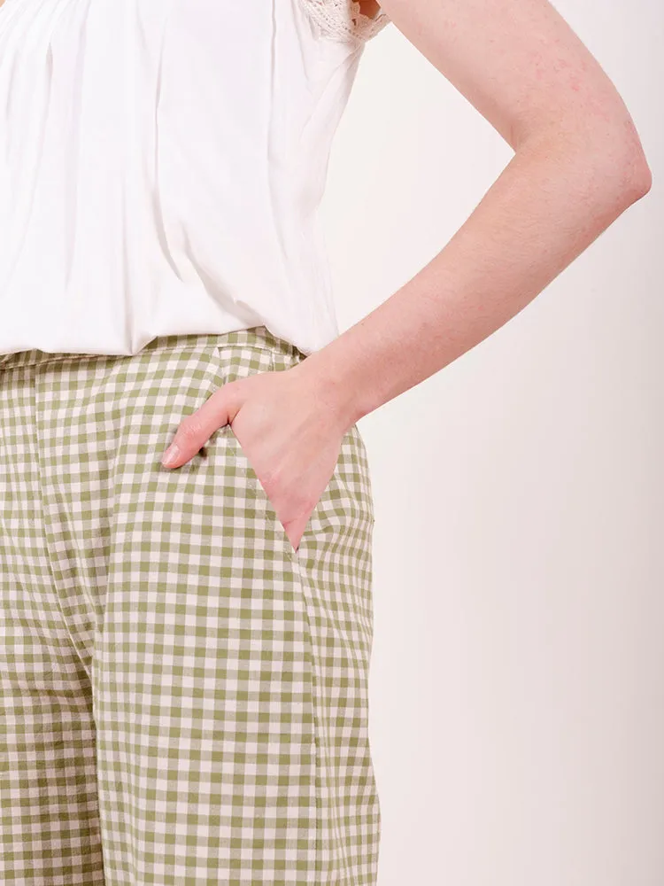 Emmy Drawstring Pant - Sage Gingham