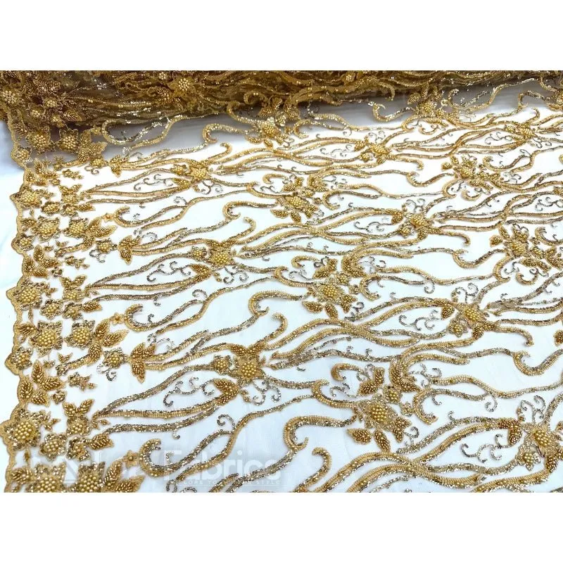 Floral Beaded Lace Fabric By The Yard Embroidered Fabric