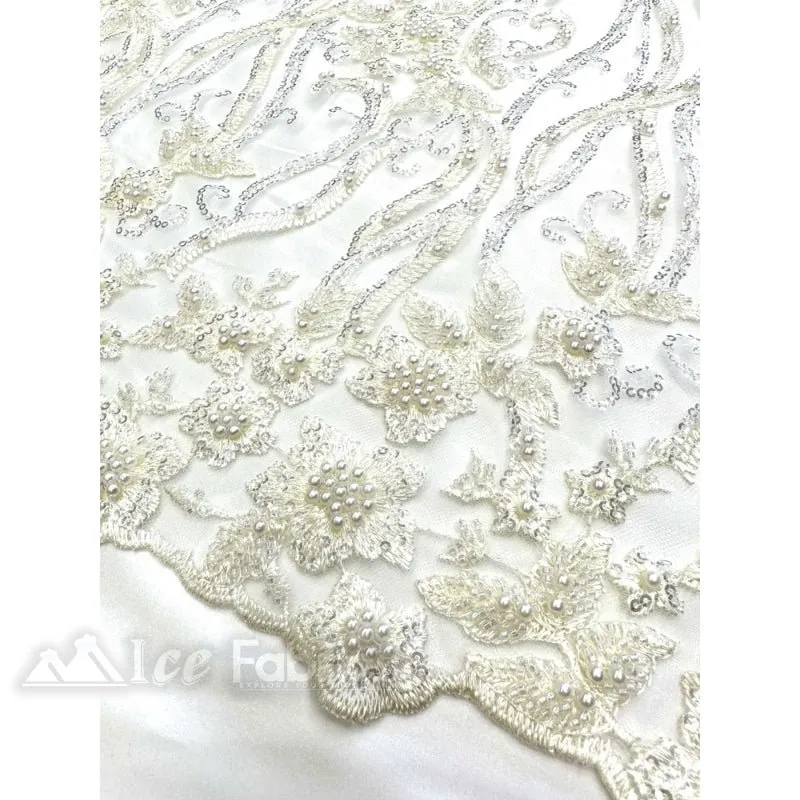 Floral Beaded Lace Fabric By The Yard Embroidered Fabric