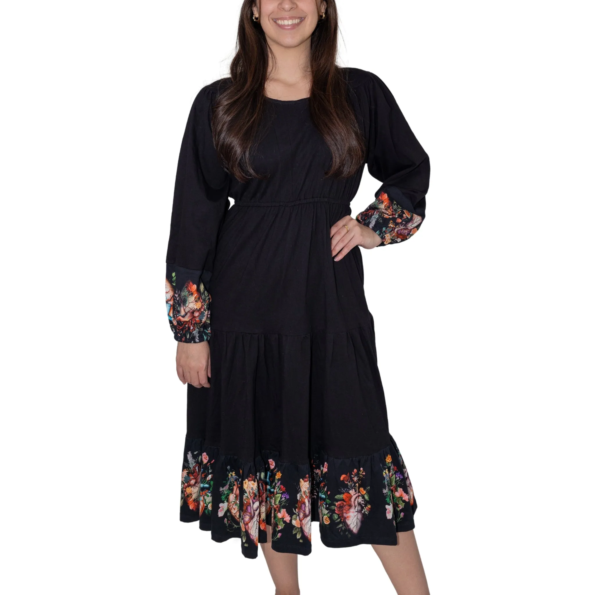 Floral Hearts Long Sleeve Midi Dress (With Waist Seam)