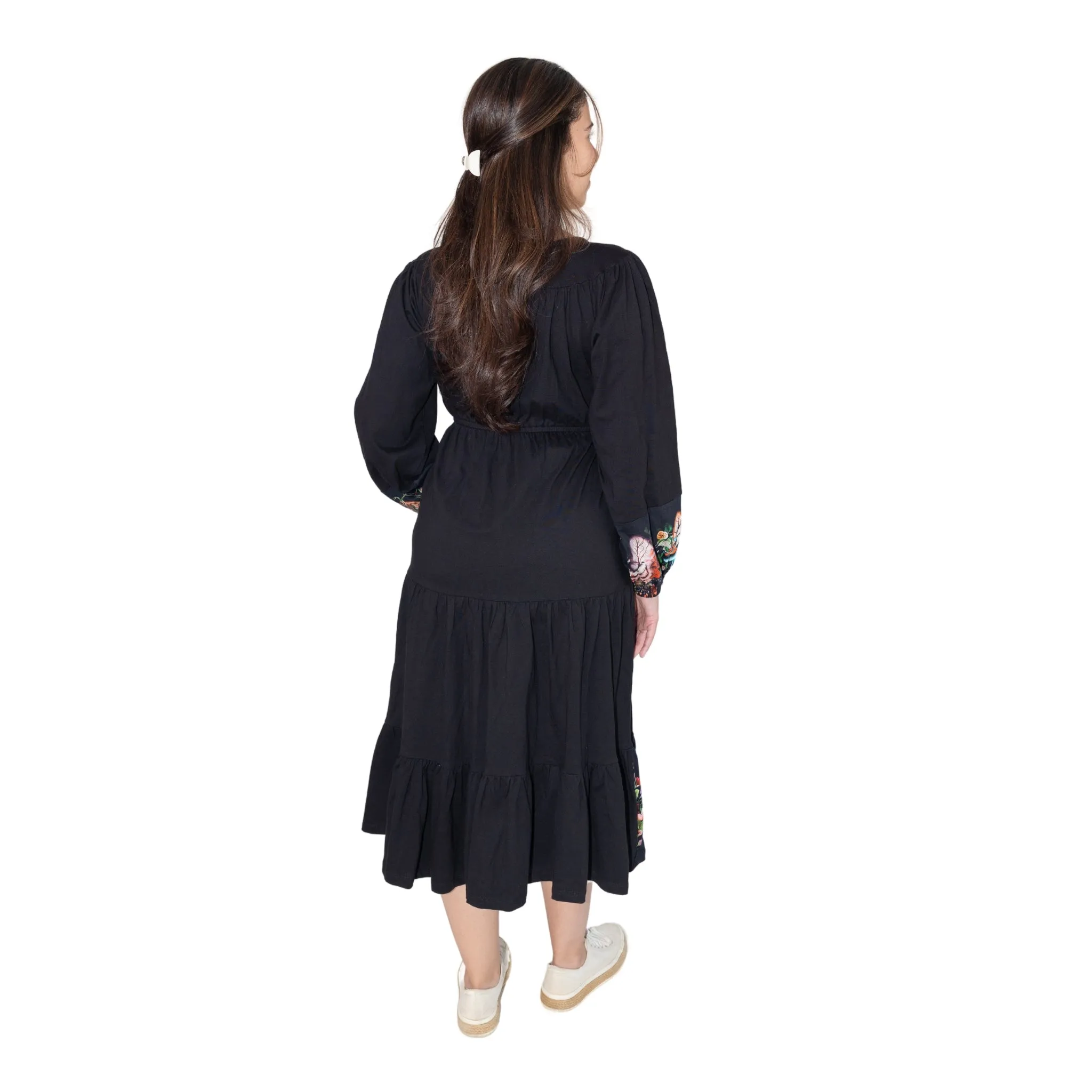 Floral Hearts Long Sleeve Midi Dress (With Waist Seam)