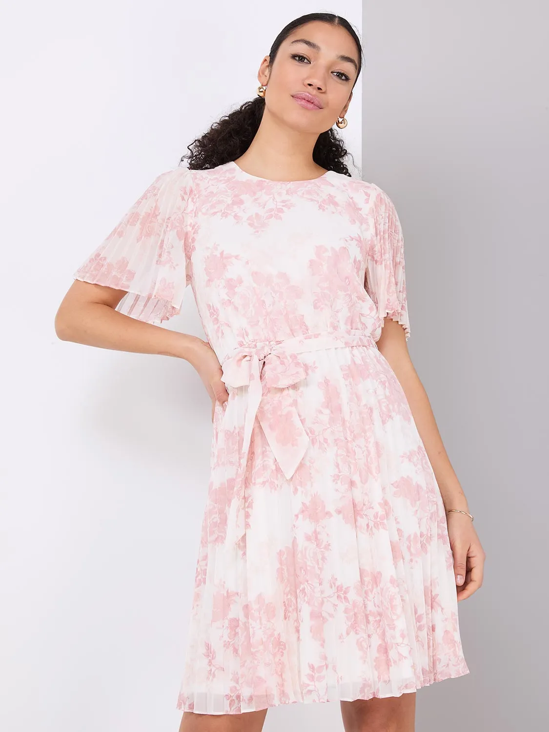 Floral Print Pleated Chiffon Dress