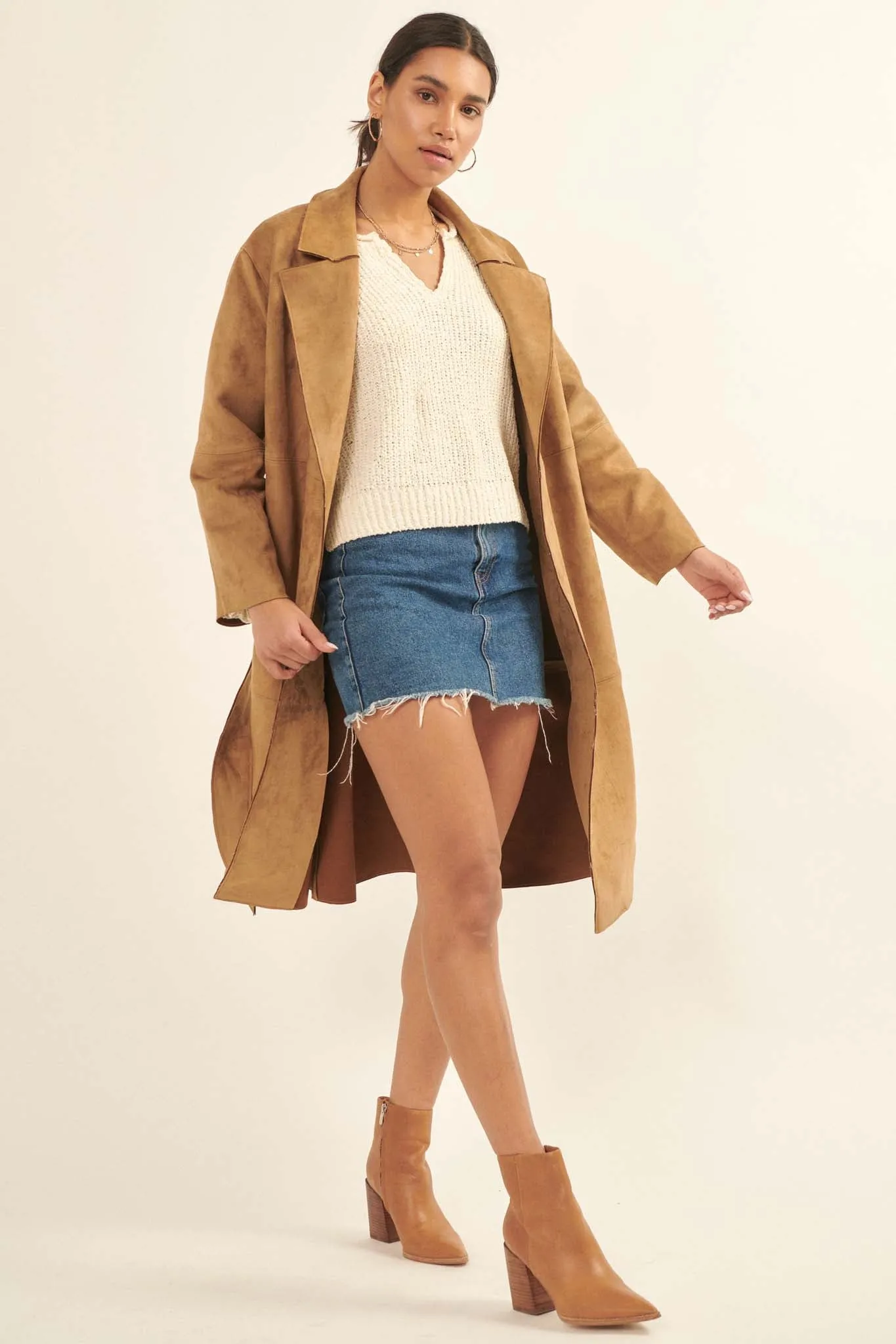 Foreign Affair Vegan Suede Belted Trench Coat