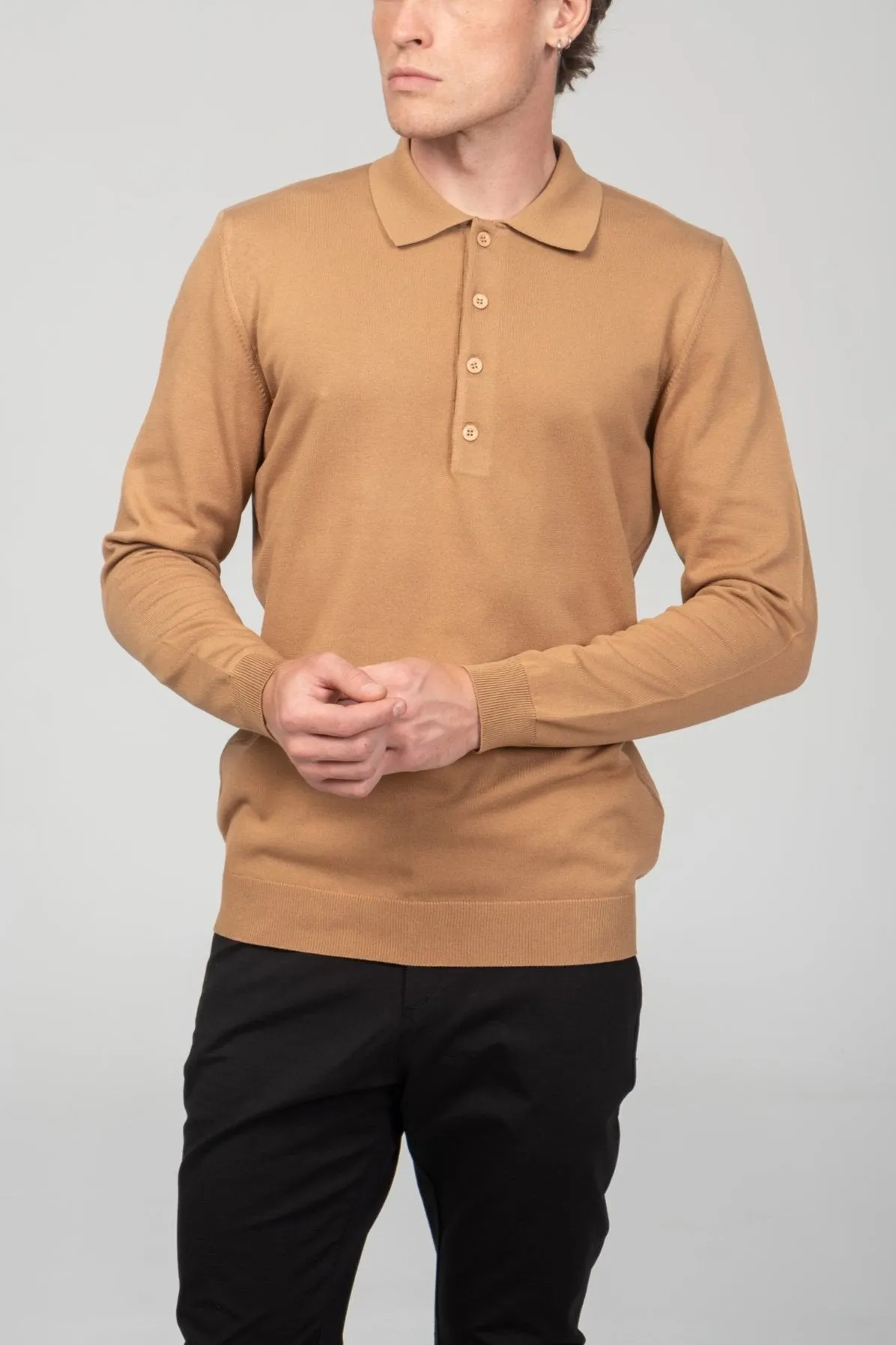 Four Button Down Polo Sweater  - Camel