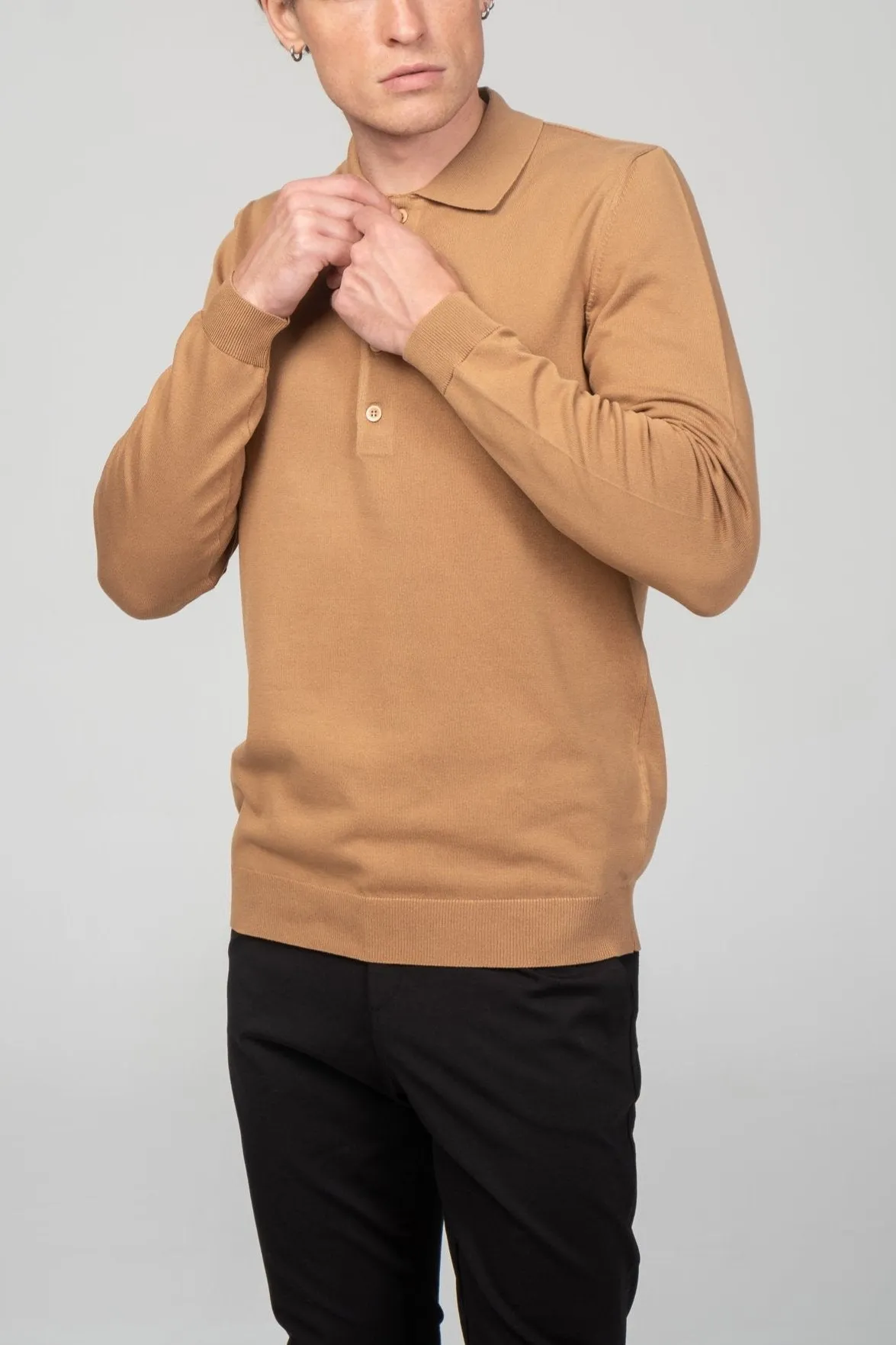 Four Button Down Polo Sweater  - Camel