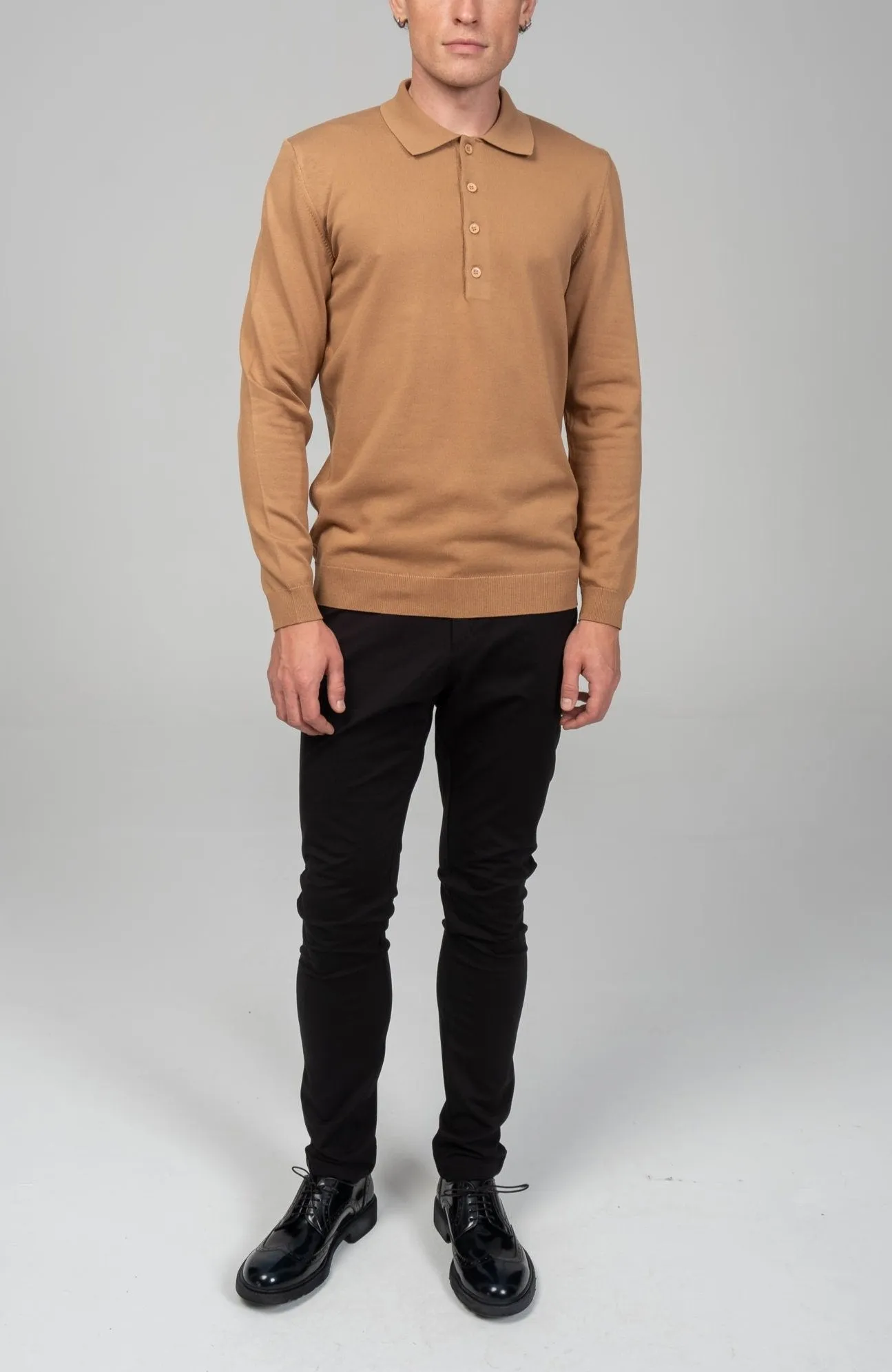 Four Button Down Polo Sweater  - Camel