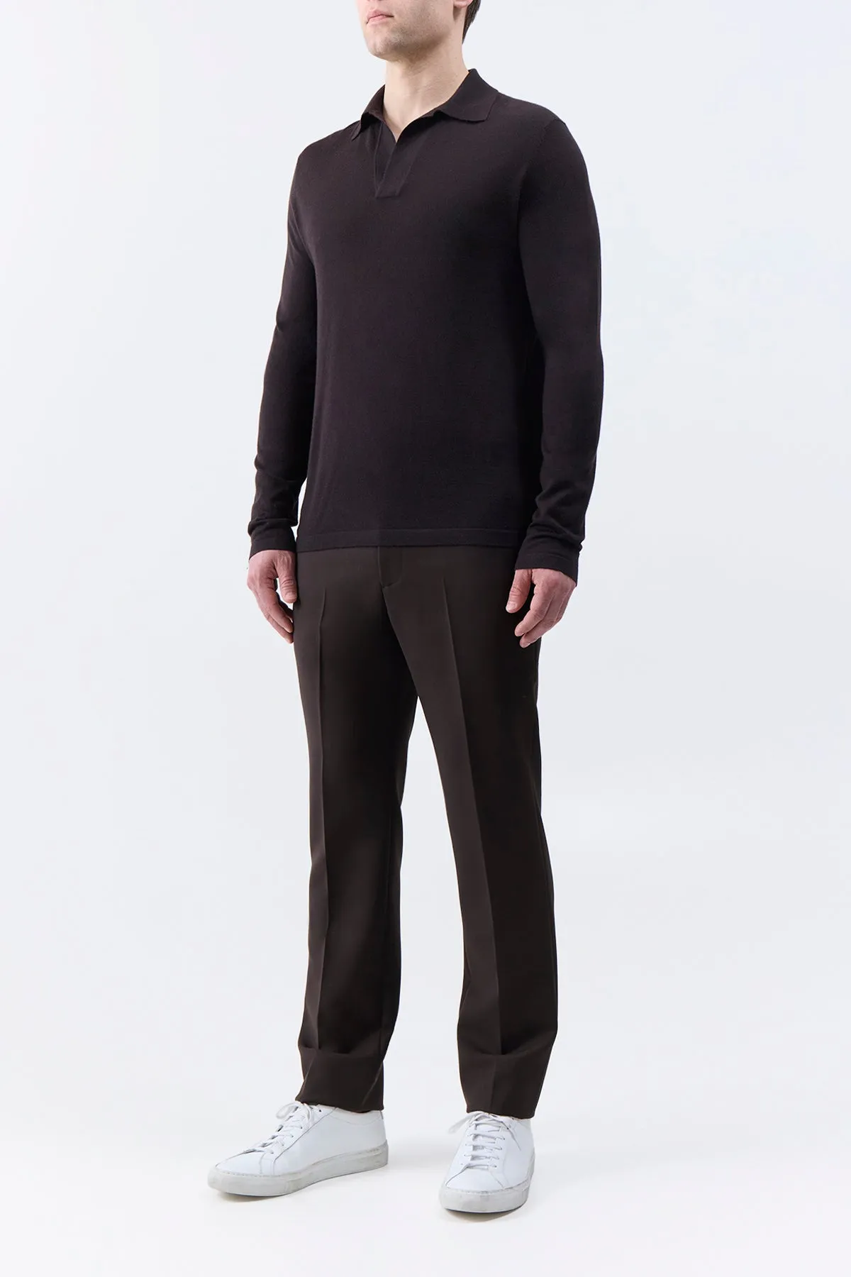 Frome Knit Long Sleeve Polo in Chocolate Cashmere