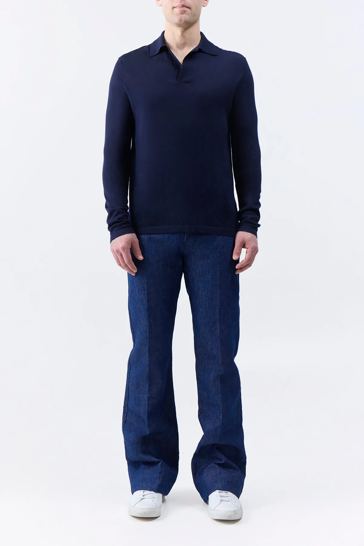 Frome Knit Long Sleeve Polo in Dark Navy Cashmere