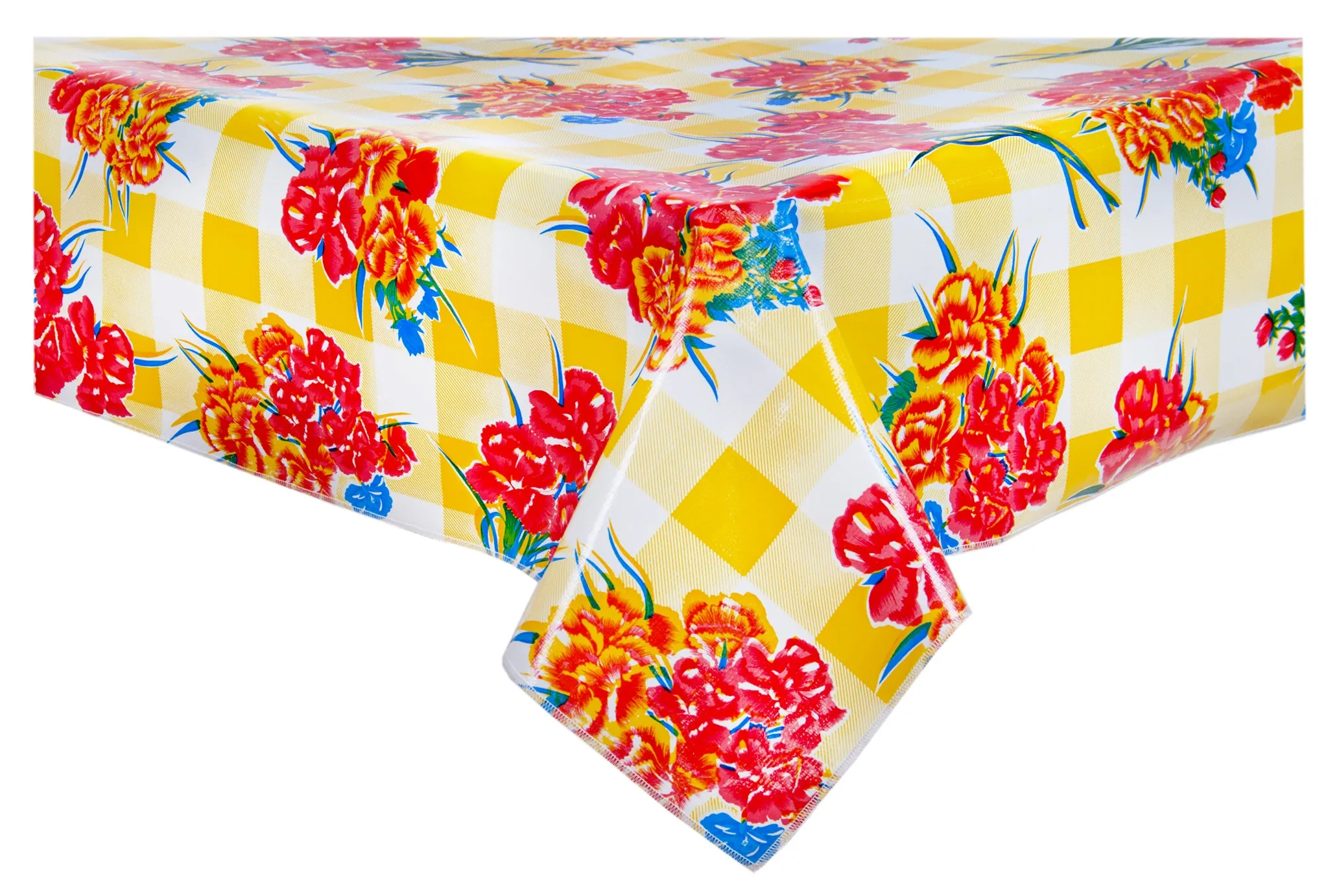 Gingham and Flowers Yellow Oilcloth Tablecloth