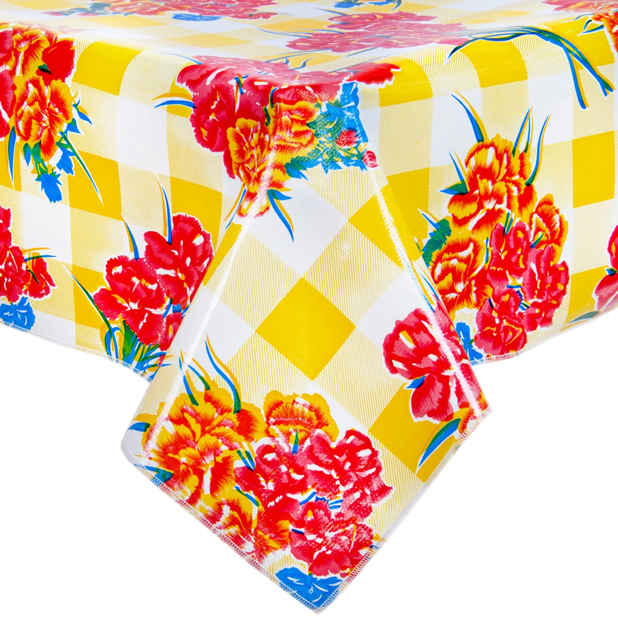 Gingham and Flowers Yellow Oilcloth Tablecloth