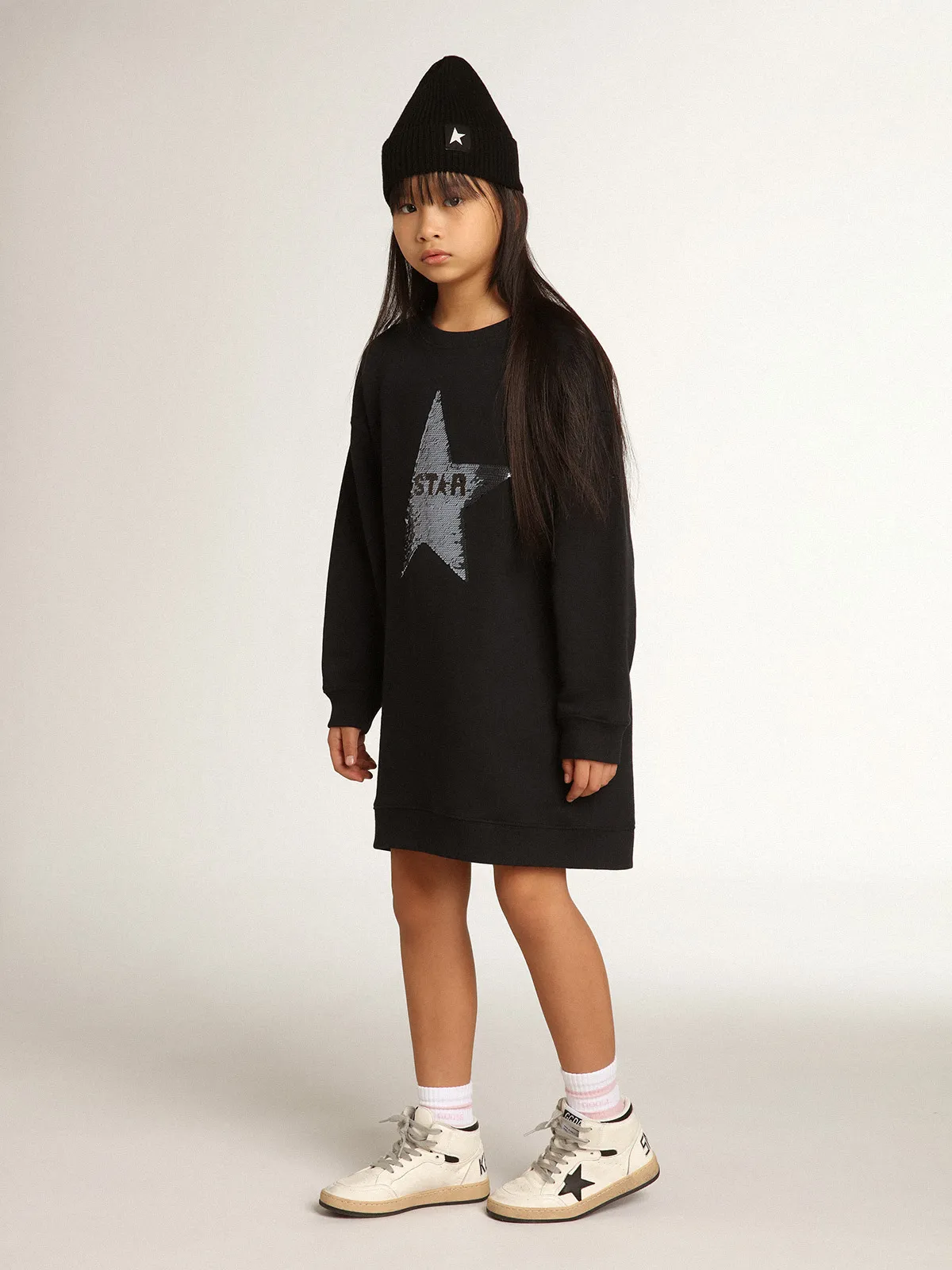 Girls’ dark blue sweatshirt dress with sequin star