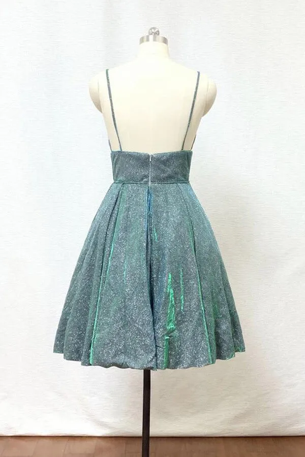 Glitter Silver Green Spaghetti Straps Homecoming Dress With Pockets, SH554