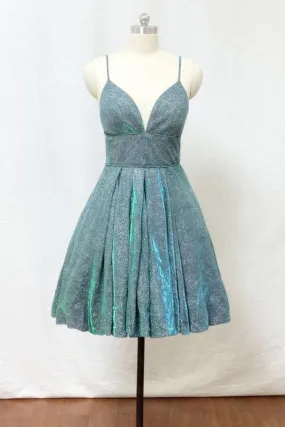 Glitter Silver Green Spaghetti Straps Homecoming Dress With Pockets, SH554