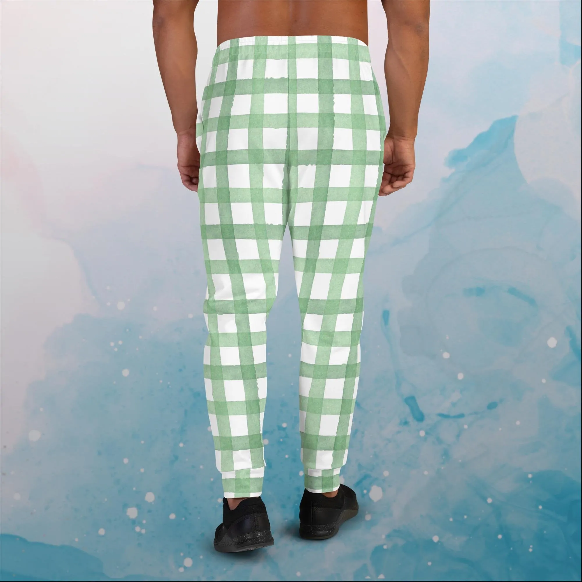 Green Gingham Print Mens Joggers