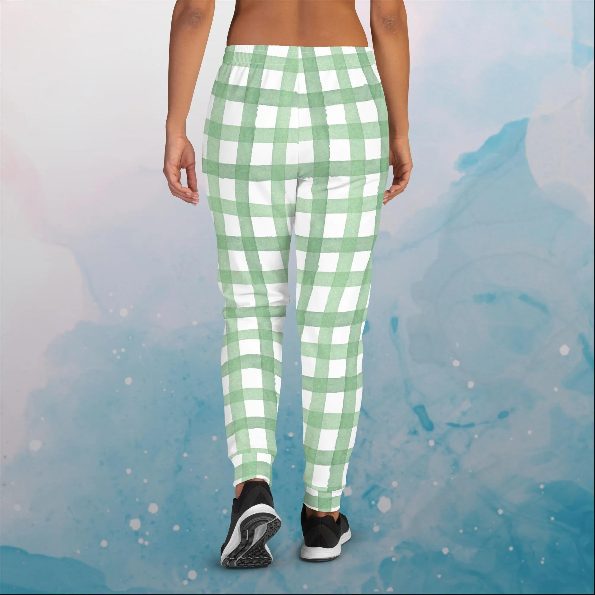 Green Gingham Print Womens Joggers