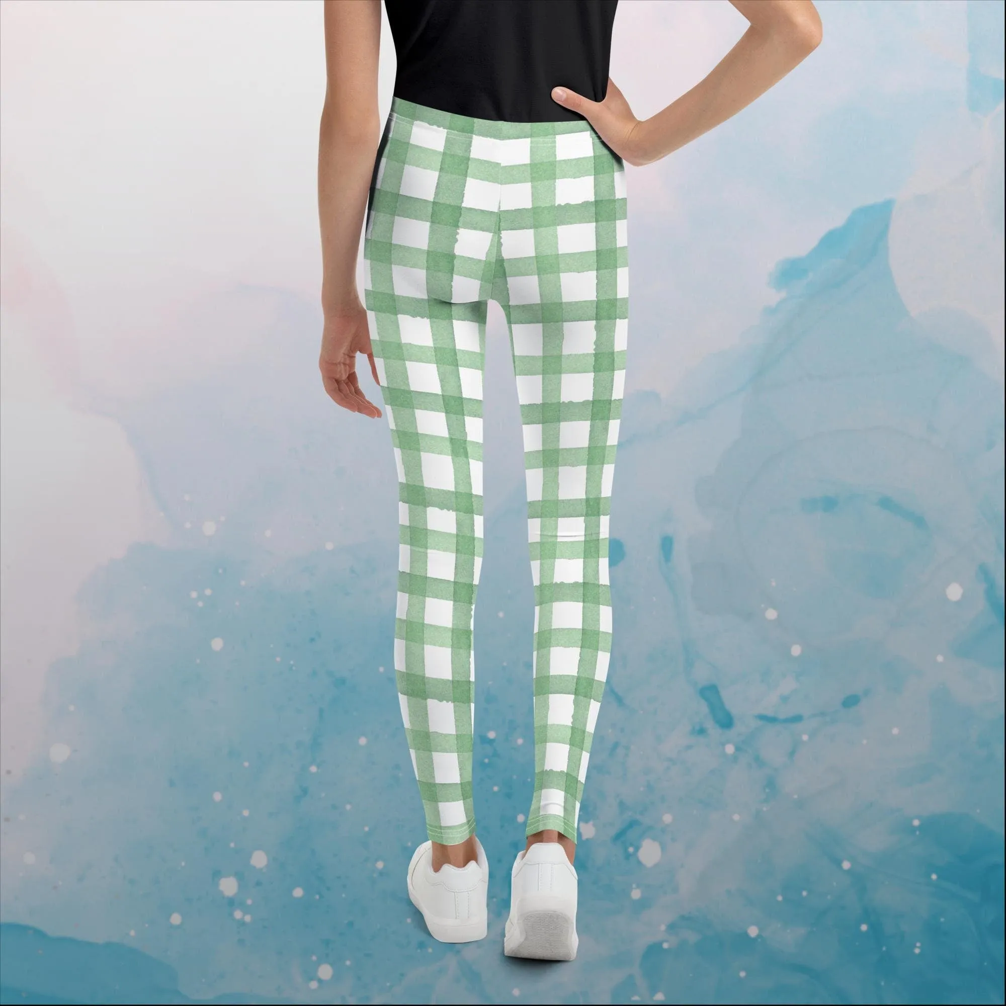 Green Gingham Print Youth Leggings