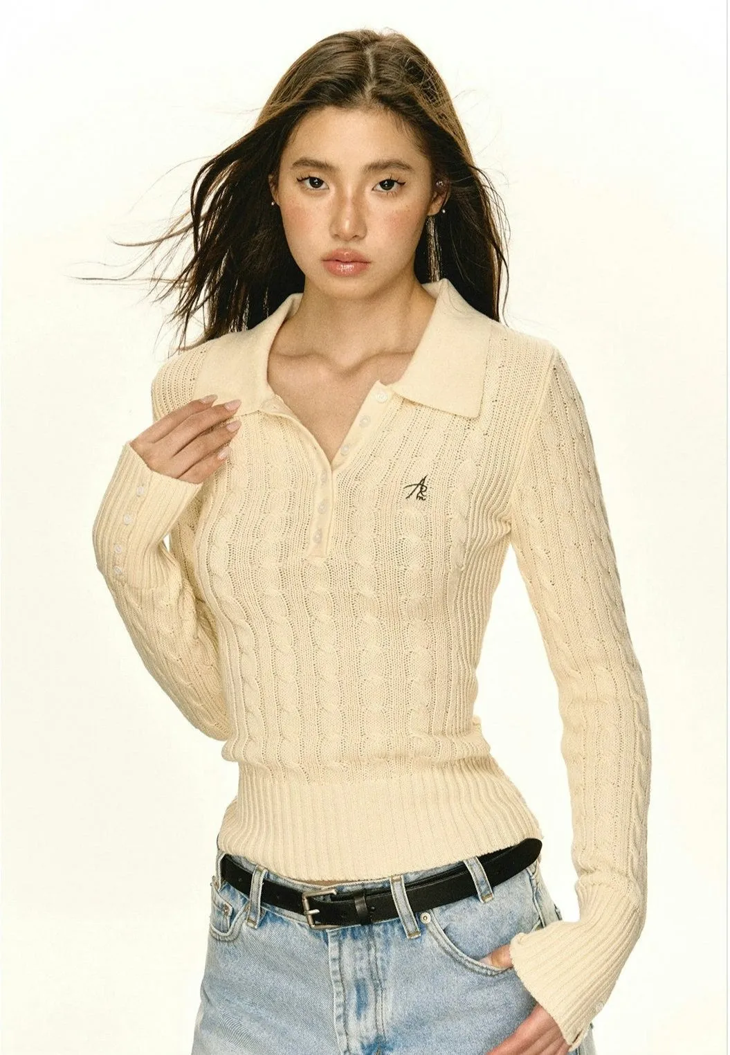 Half-Button Cable Knit Collared Pullover