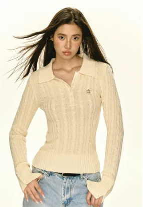 Half-Button Cable Knit Collared Pullover