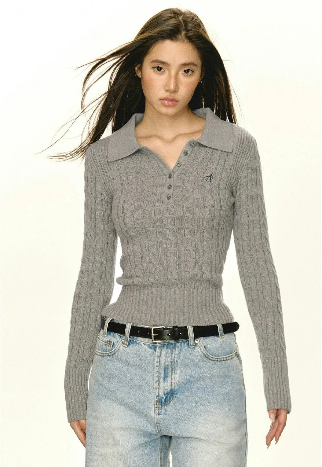 Half-Button Cable Knit Collared Pullover